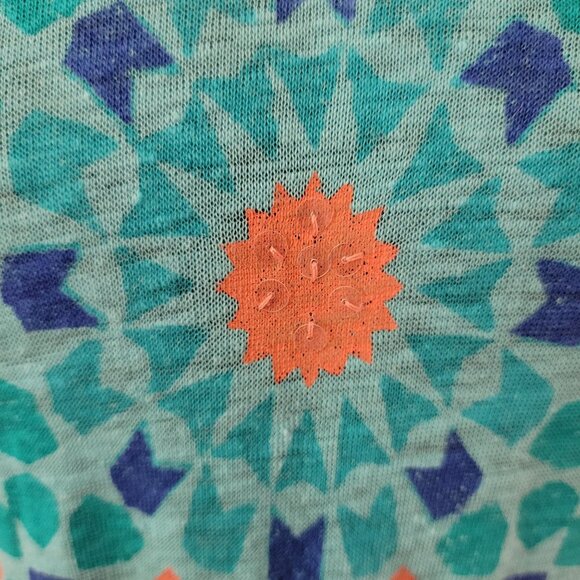 JCP Turquoise Short Sleeve 100% Linen Womens Top Geometric Floral Print Size M - Picture 2 of 9